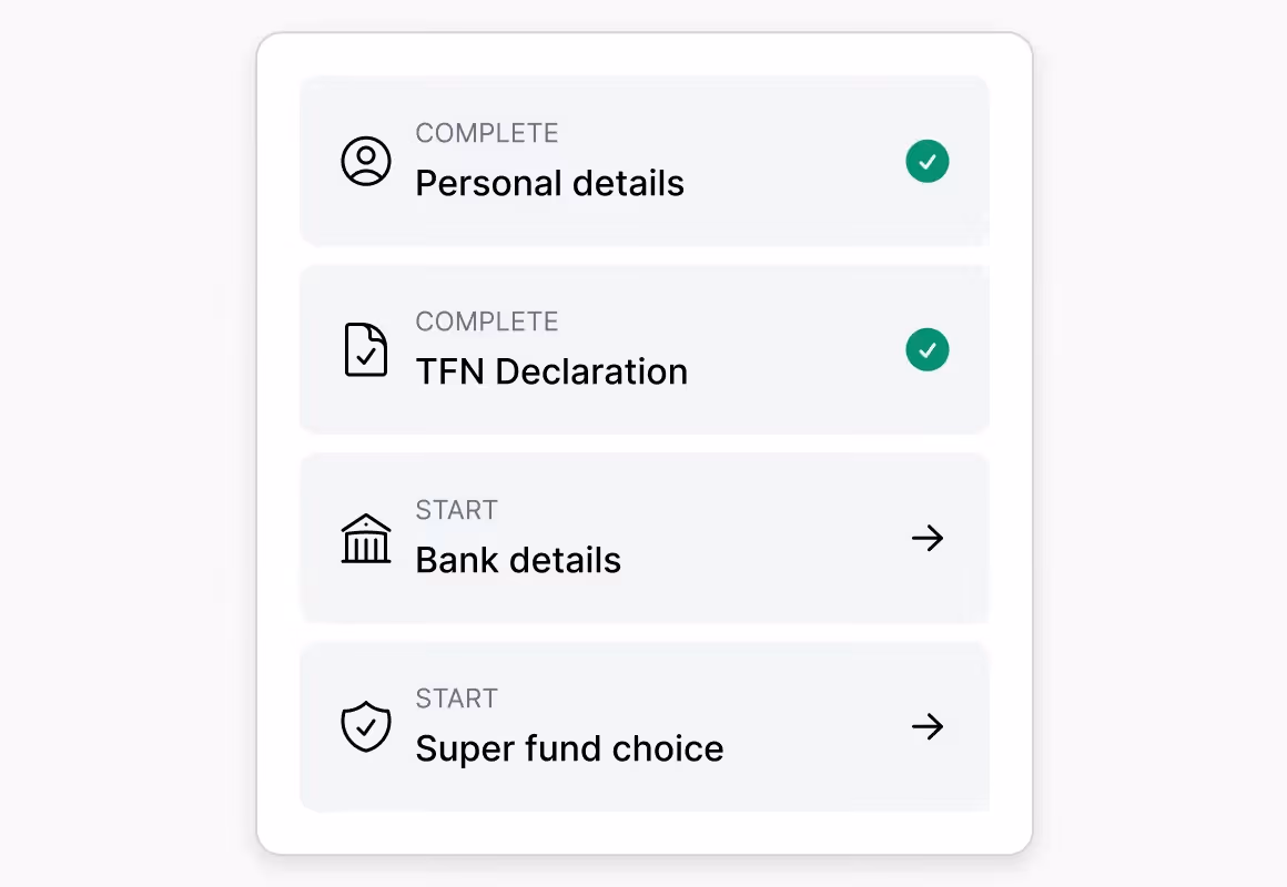 Onboarding checklist with completed personal details and TFN, and pending bank details and super fund choice.