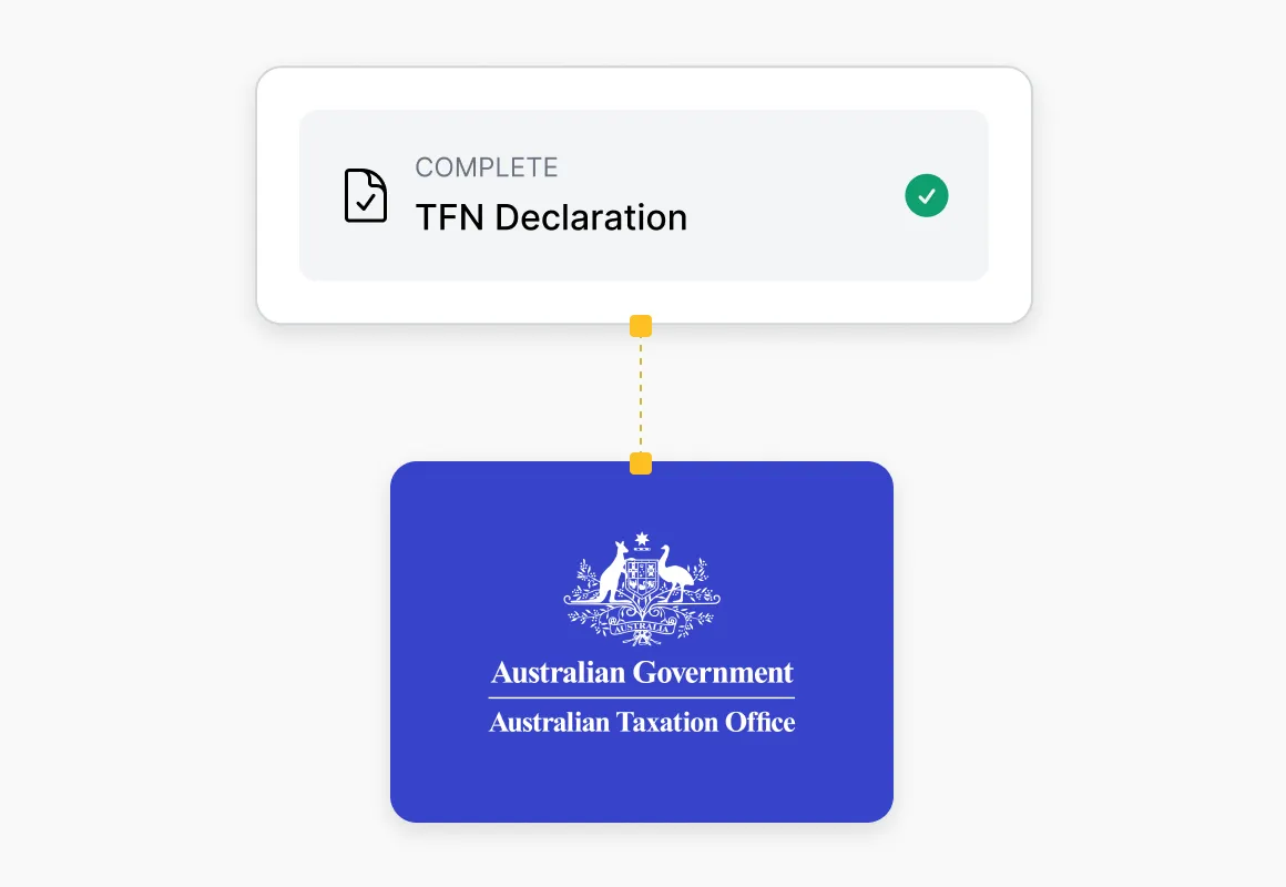 Completed TFN Declaration linked to Australian Government Australian Taxation Office logo.
