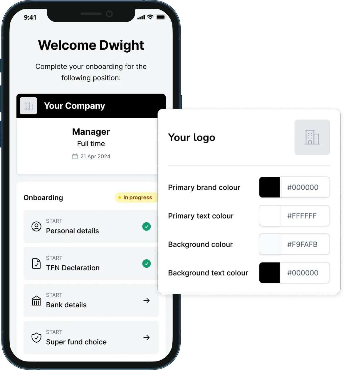 Mobile screen showing onboarding steps for a manager role, with personal and TFN details completed.