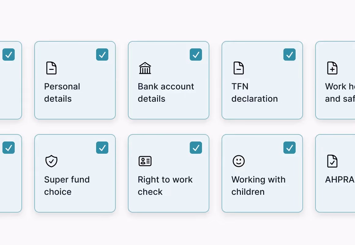 Grid of verified credential icons with labels like Personal details, Bank account, TFN declaration, Right to work check.
