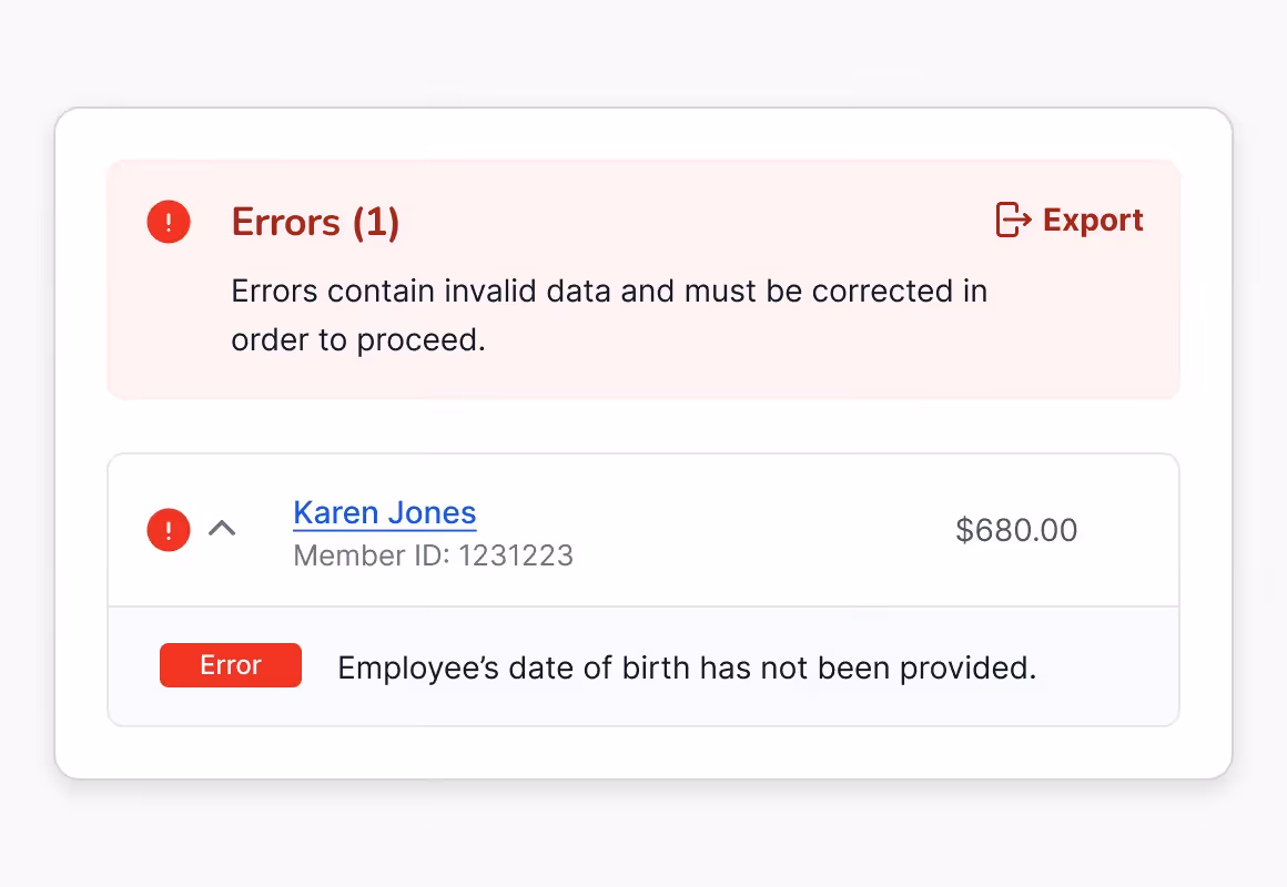 Error message showing one invalid data error: employee Karen Jones's date of birth missing for $680 payment.