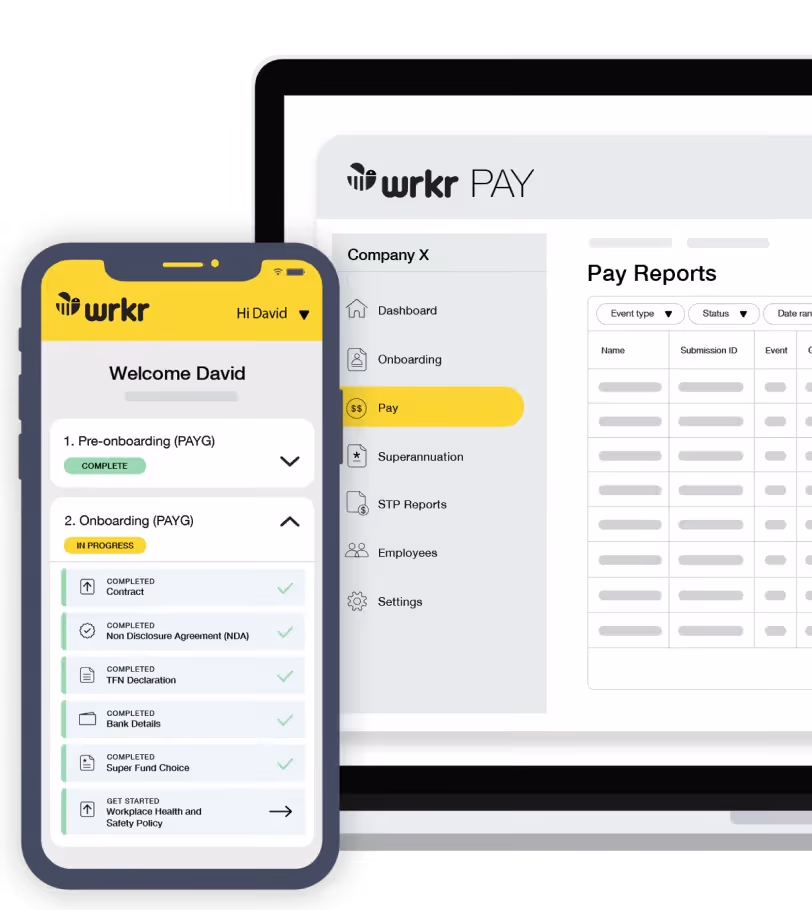Mobile and desktop screens showing wrkr app with onboarding tasks and pay reports for Company X.