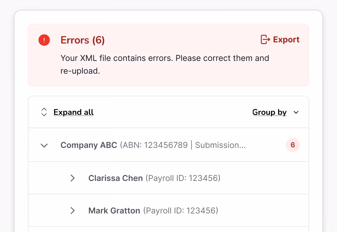 Error message showing 6 XML file errors for Company ABC, with expandable employee payroll details.