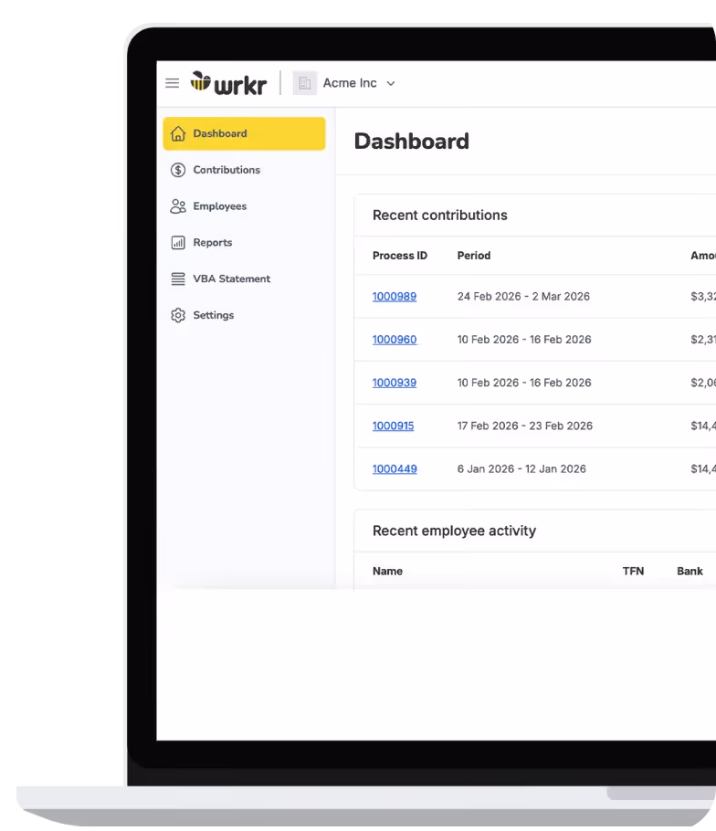 Laptop screen showing Wrkr dashboard with recent contributions and employee activity sections.