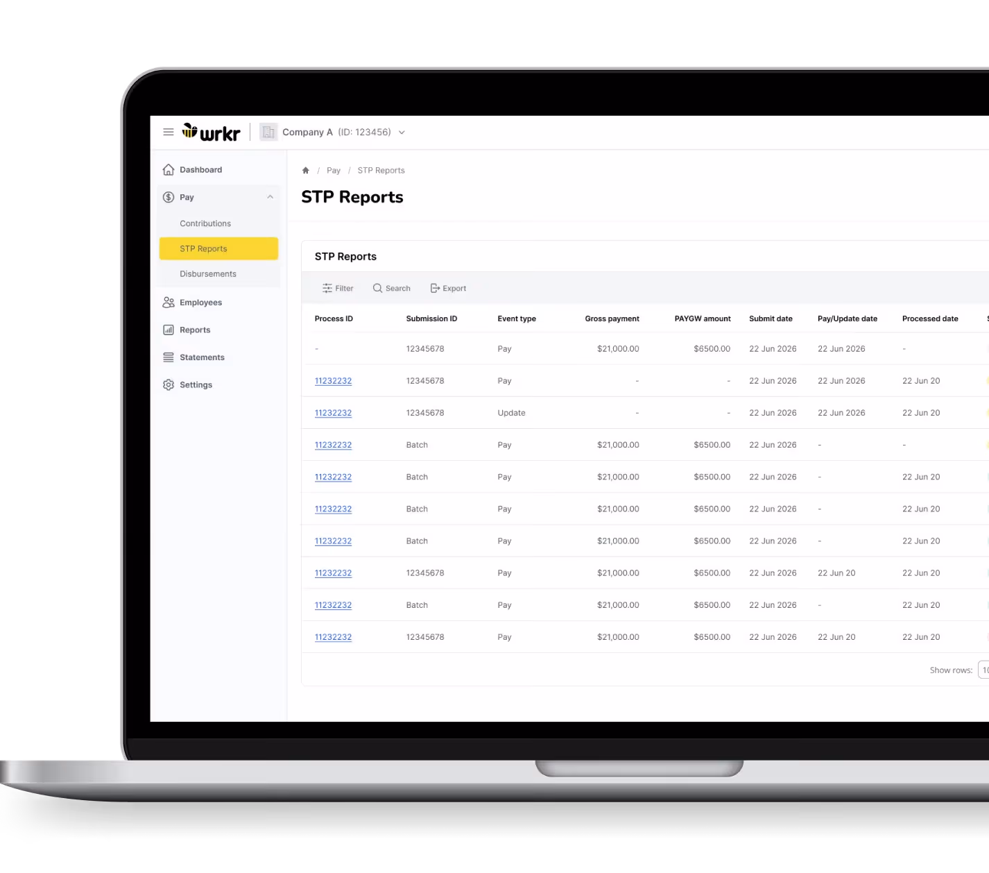 Laptop screen displays STP Reports table with payment details like Process ID, Submission ID, and dates.