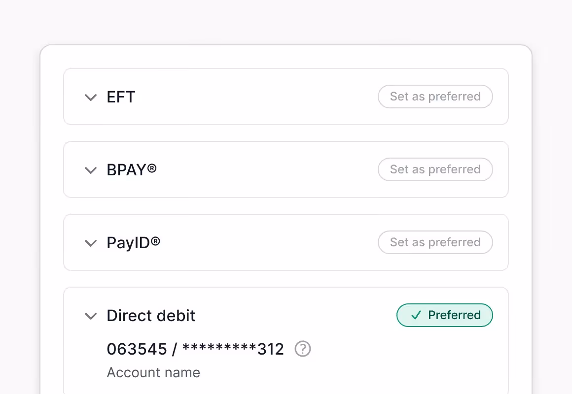 Payment methods menu showing EFT, BPAY, PayID, and preferred direct debit with partially hidden account number.