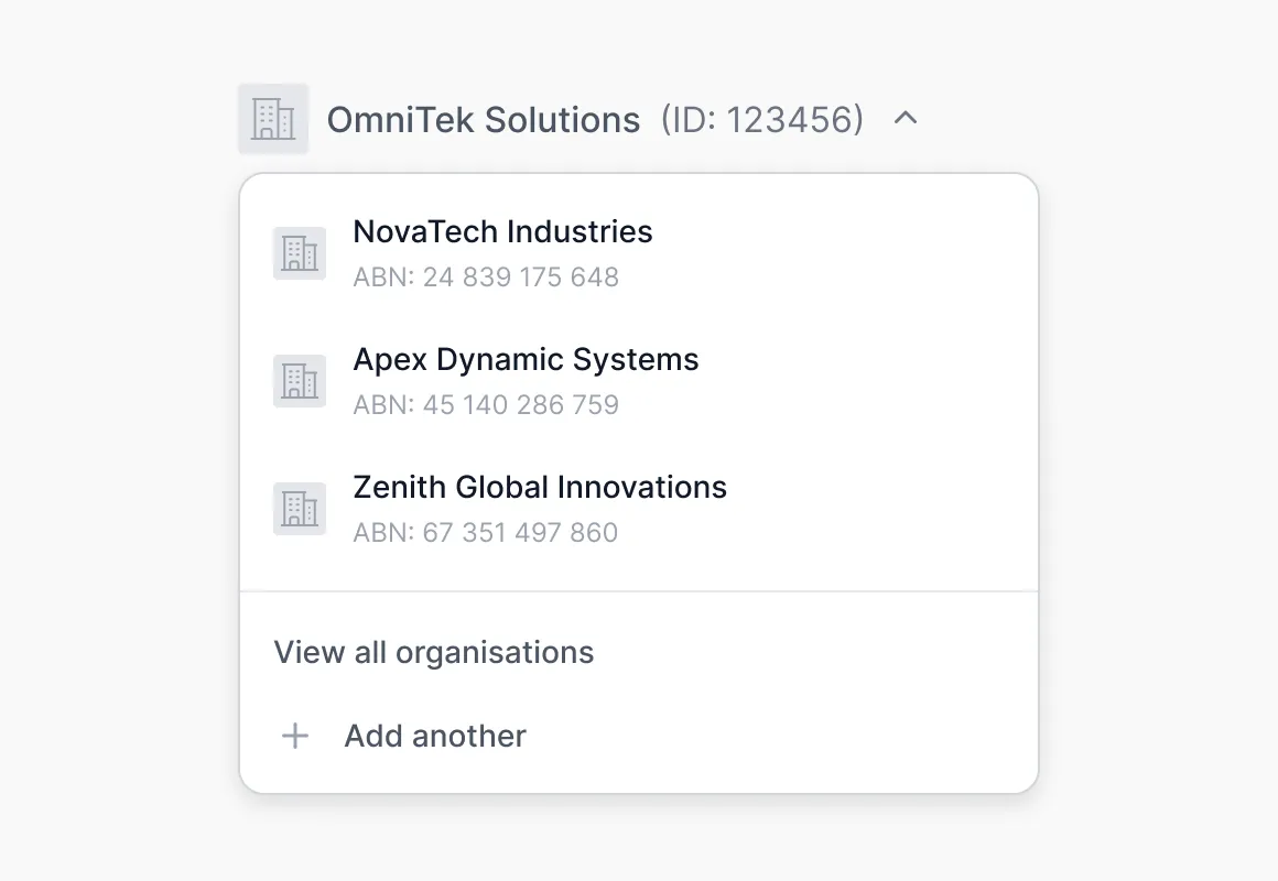 Dropdown menu showing OmniTek Solutions with three organizations listed: NovaTech, Apex Dynamic, Zenith Global.
