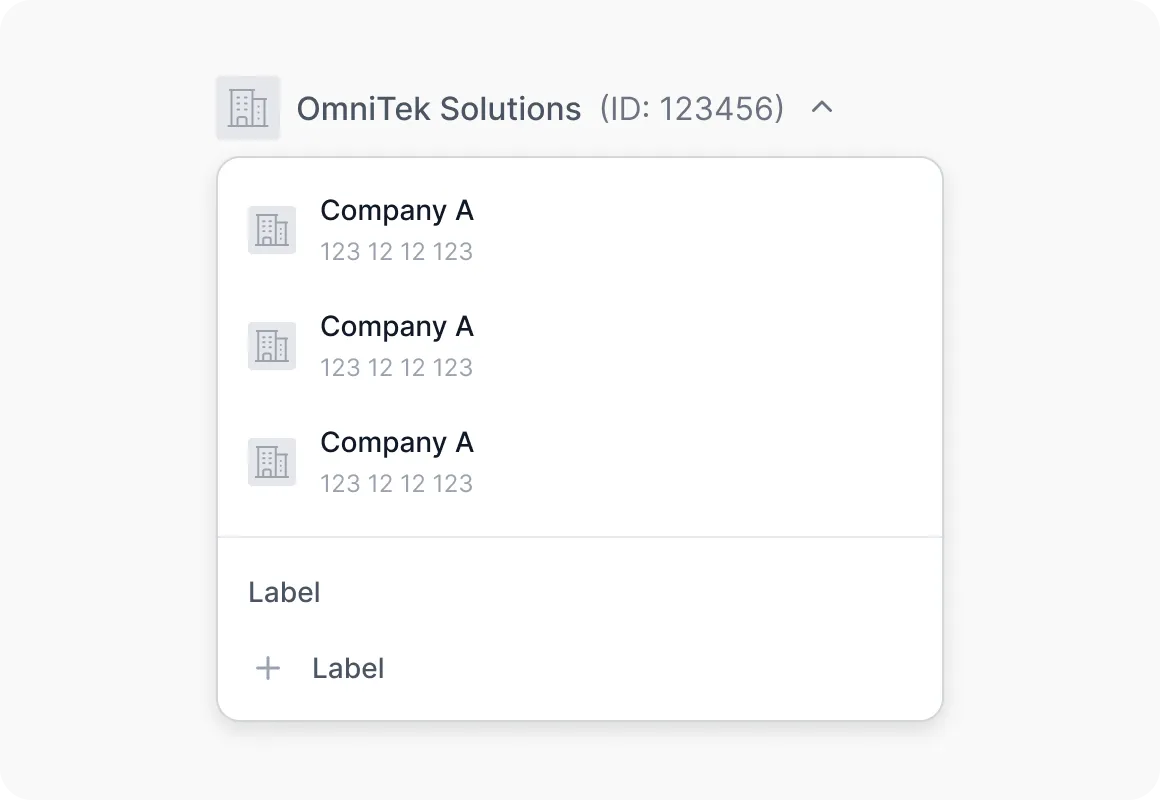 Dropdown showing OmniTek Solutions with three Company A entries and labels below.