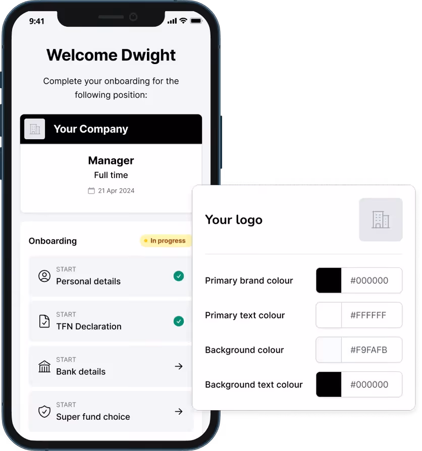 Mobile onboarding app screen showing steps for manager role with color customization options.