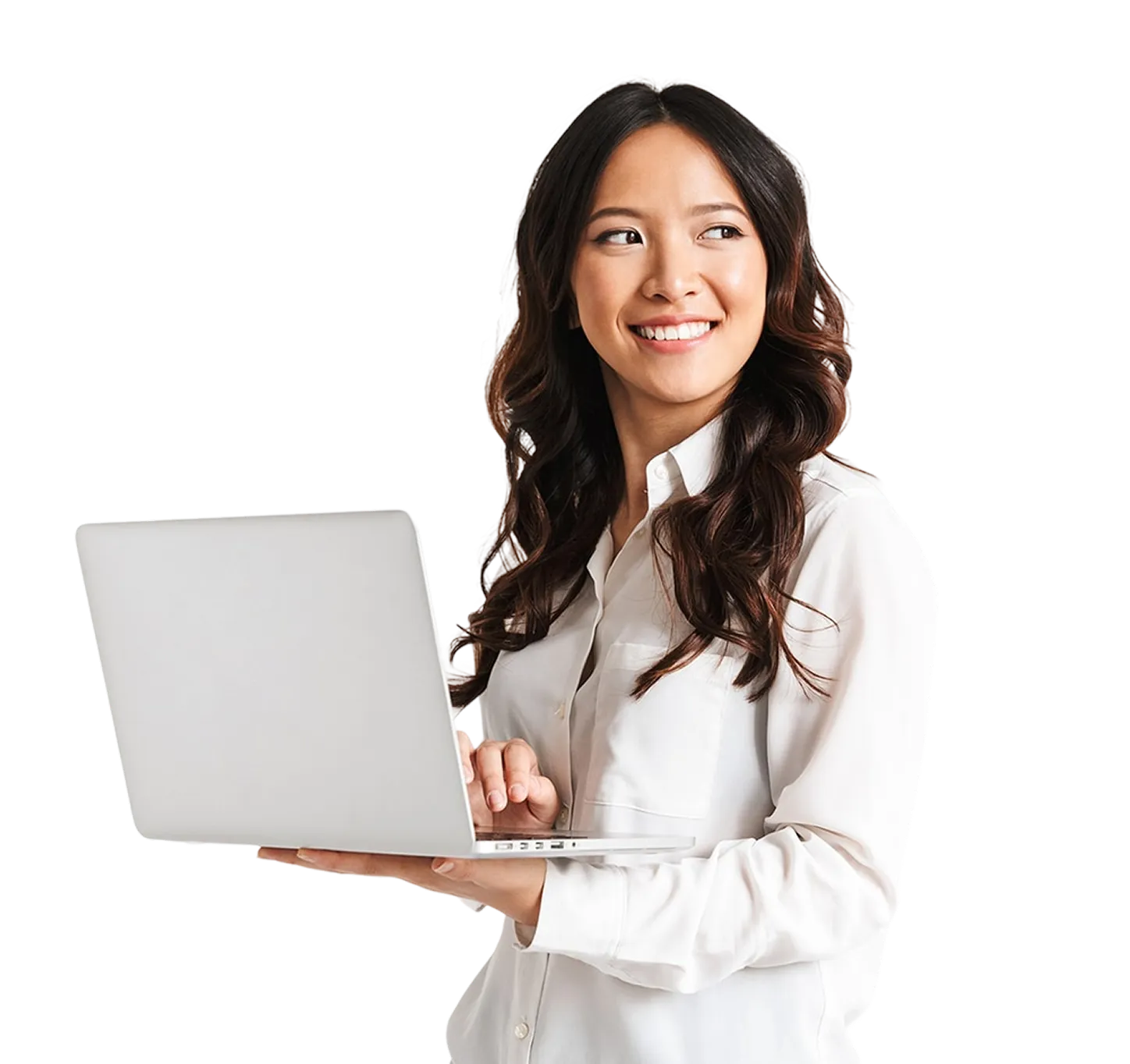 Smiling woman with dark hair holding a laptop and looking to the side.