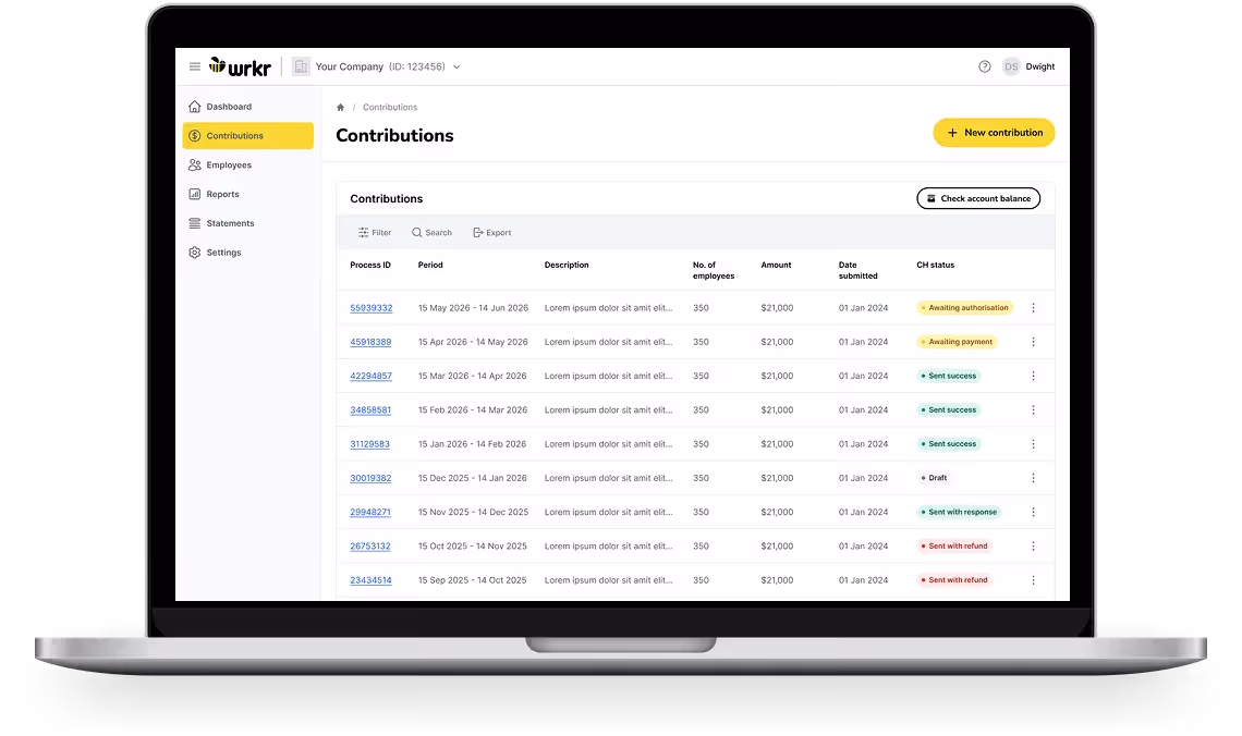 Laptop screen shows wrkr app Contributions tab with a table of payments and their statuses.