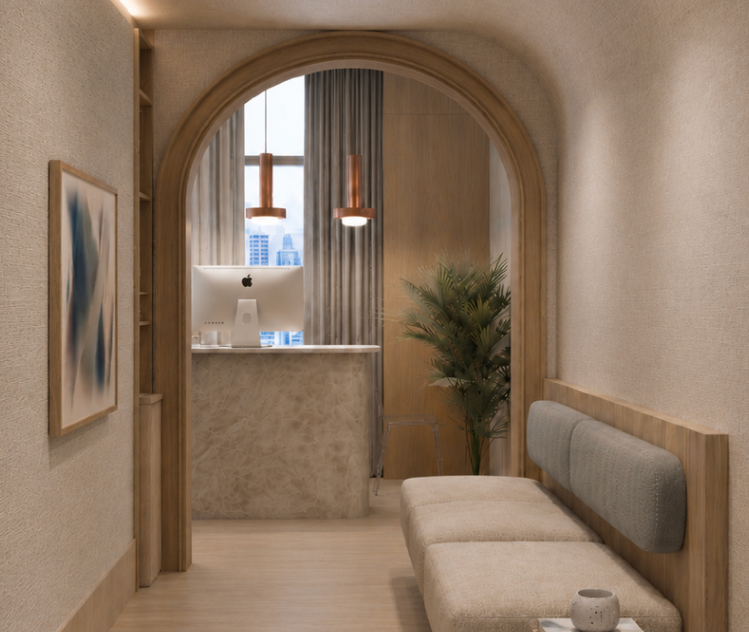 Reception area with arch doorway, cushioned bench, desk with computer, and potted plant.