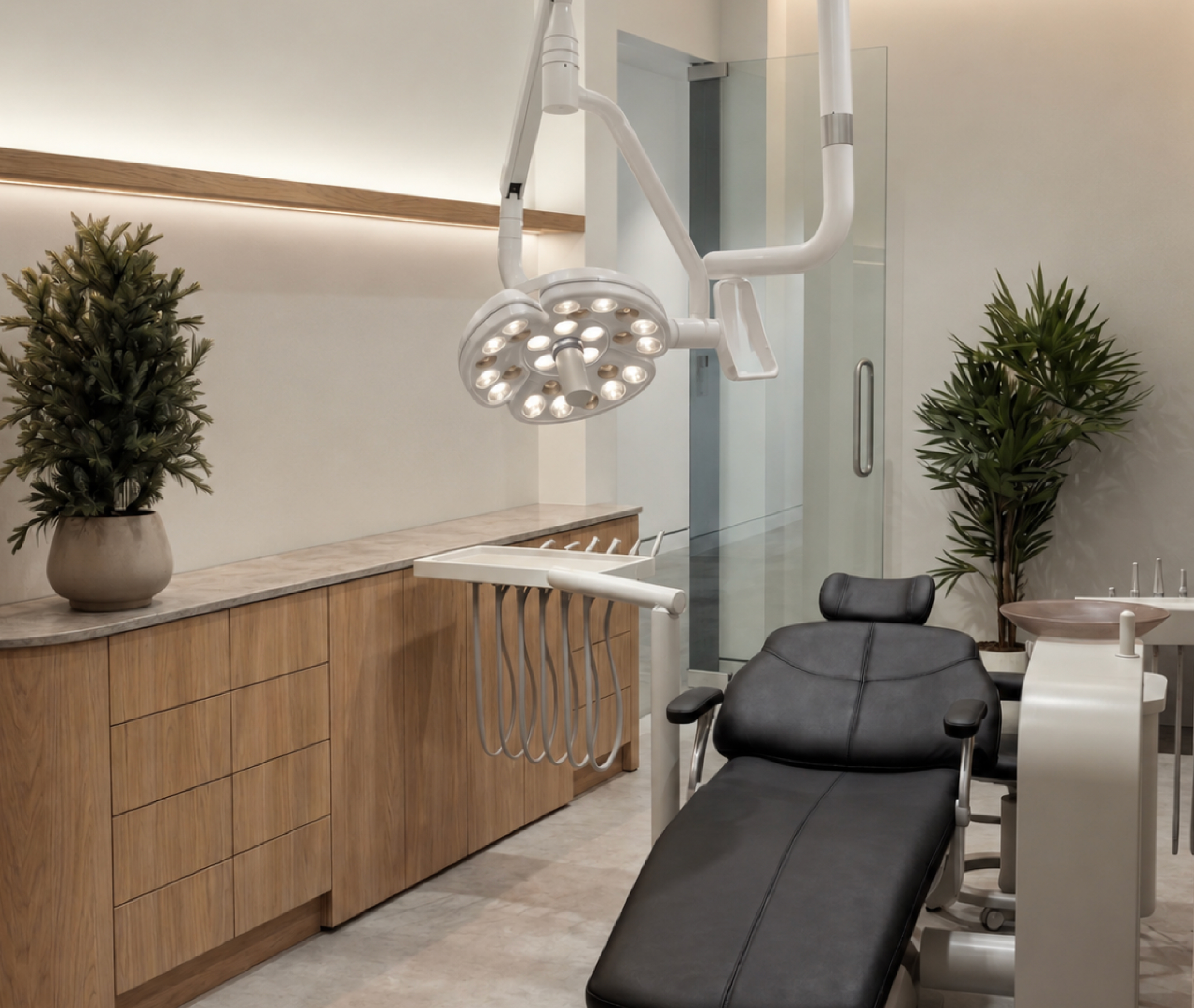 Modern dental clinic room with black dental chair, overhead light, wood cabinets, and green plants.