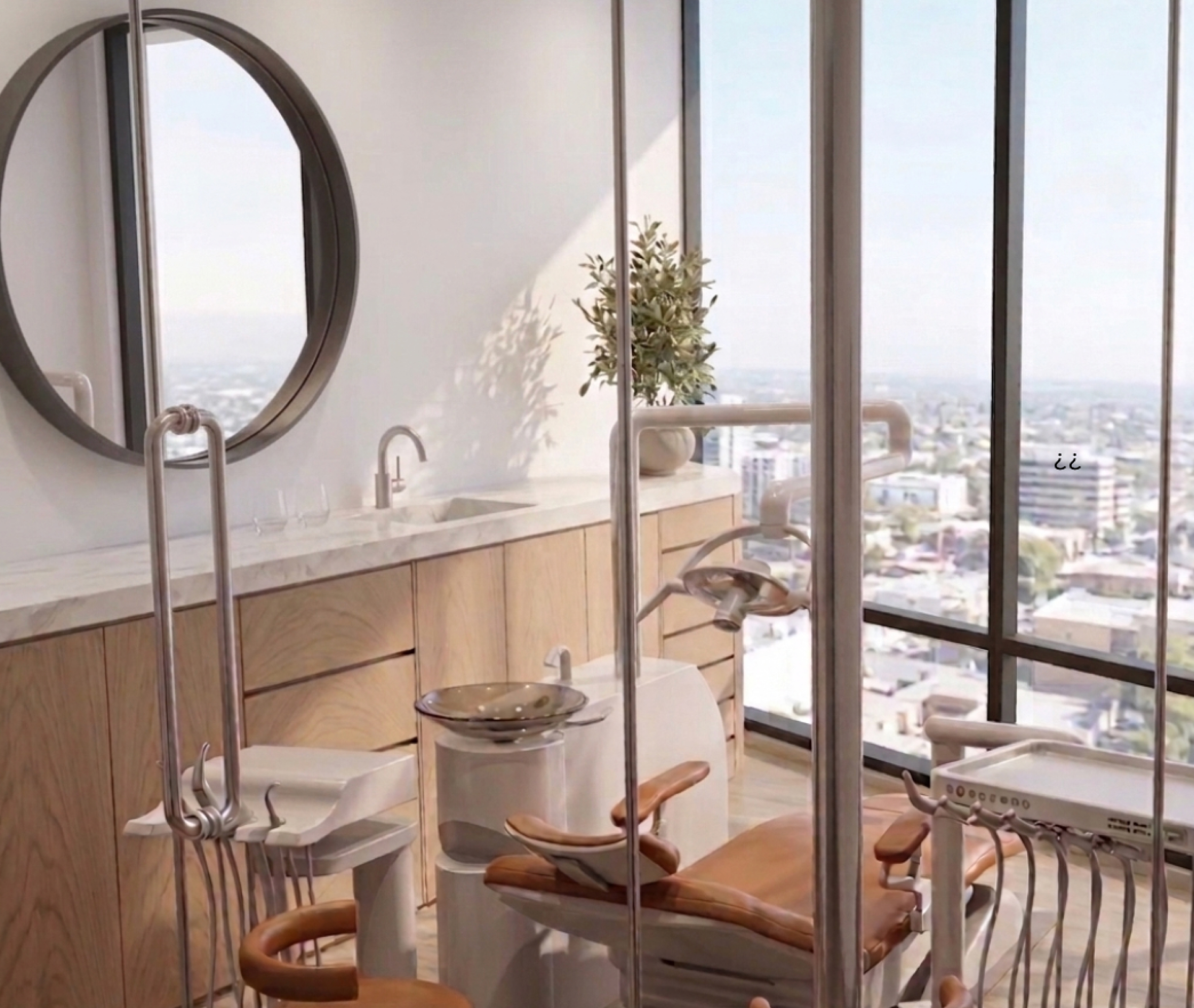 Modern dental clinic with brown leather chair, equipment, wooden cabinets, and large windows with city view.