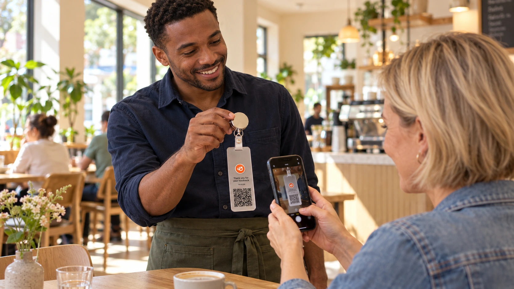 A café waiter presents a ThreadWork review tag to a customer.