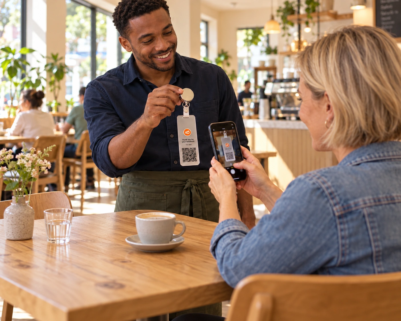 A café waiter presents a ThreadWork review tag to a customer.