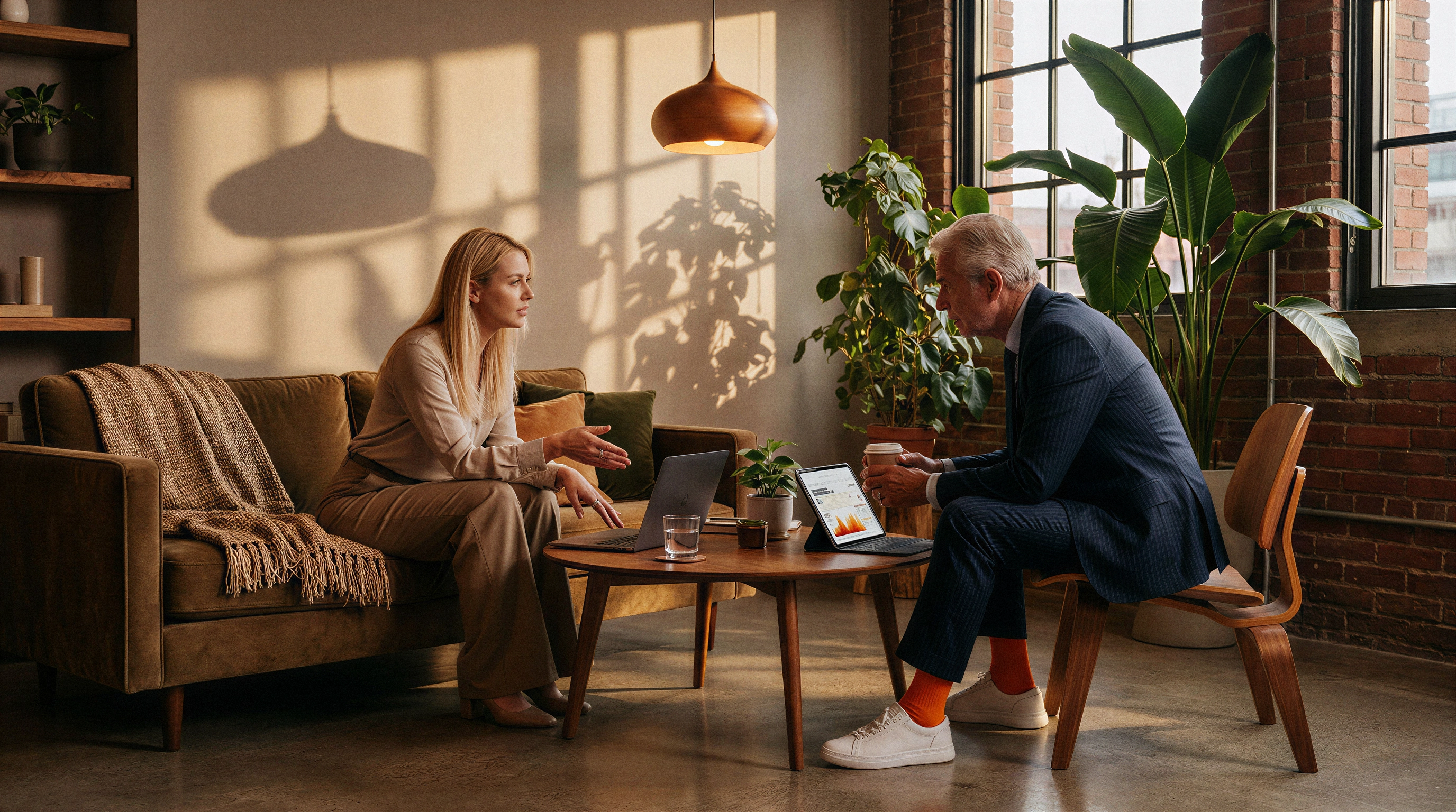 Two people discussing ThreadWork over a laptop and tablet in a café.