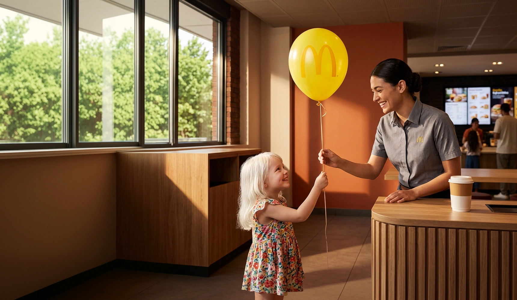 A McDonald’s team member gives a balloon to a child in a restaurant.