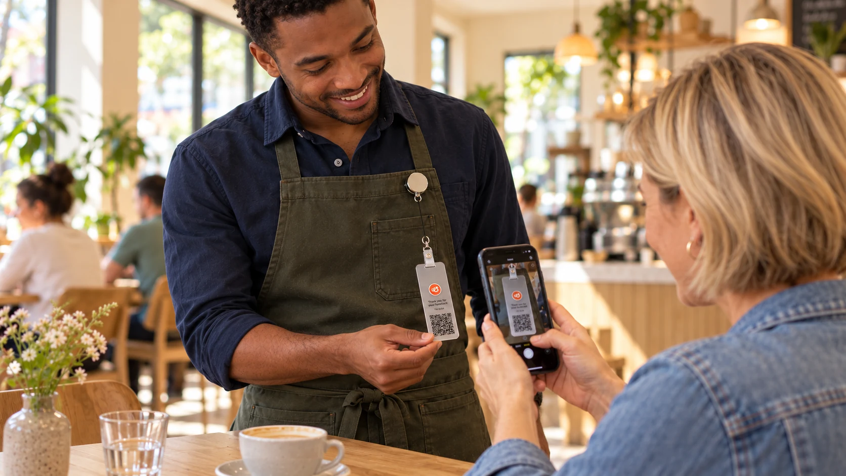 A guest scans a ThreadWork feedback tag attached to a server’s apron with a retractable reel