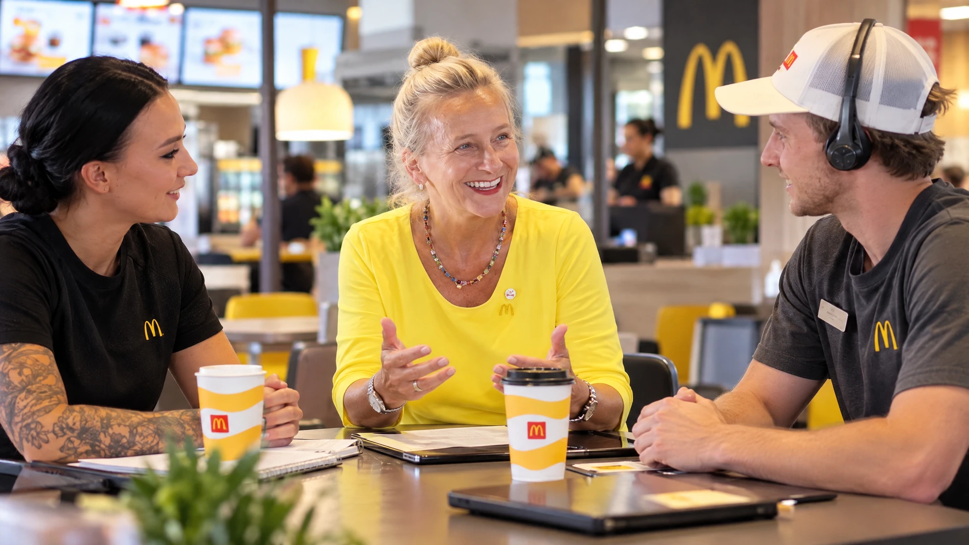Brigitte Graf in conversation with two members of her McDonald’s team.