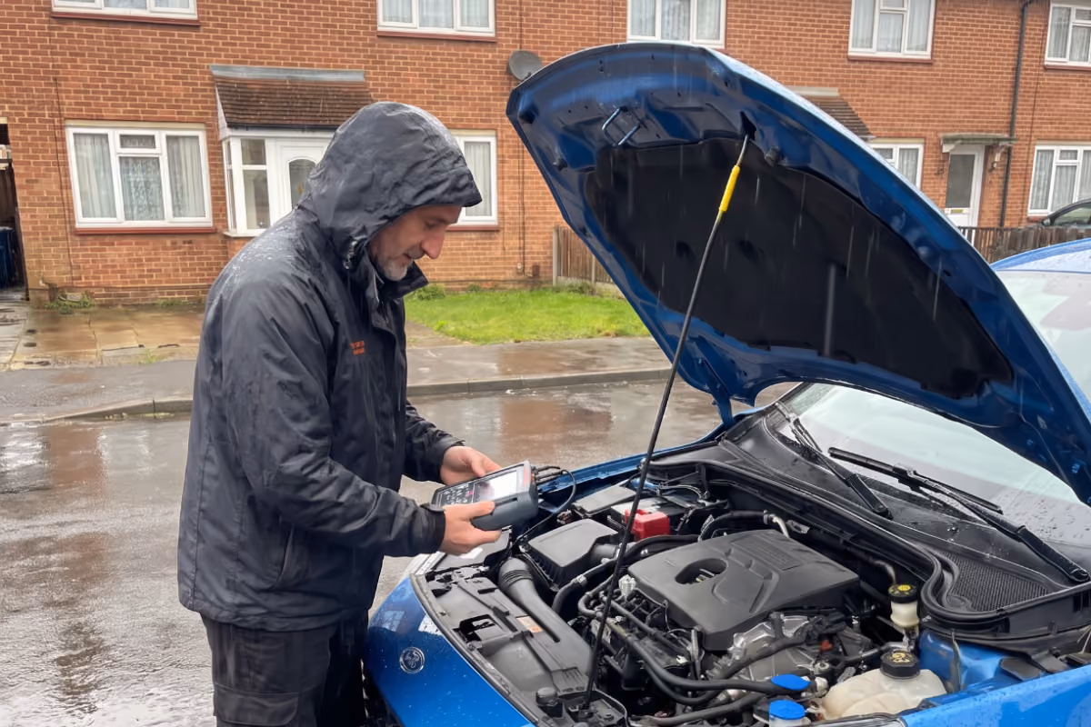 Maxamy Mobile Autocare mechanic carrying out diagnostic checks on a customer’s car at their home.