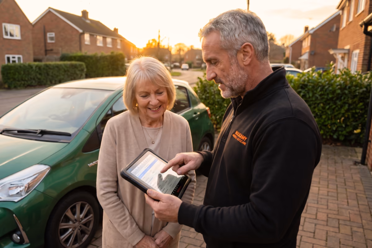 Maxamy Mobile Autocare mechanic speaking with a customer beside her car after a mobile service visit.