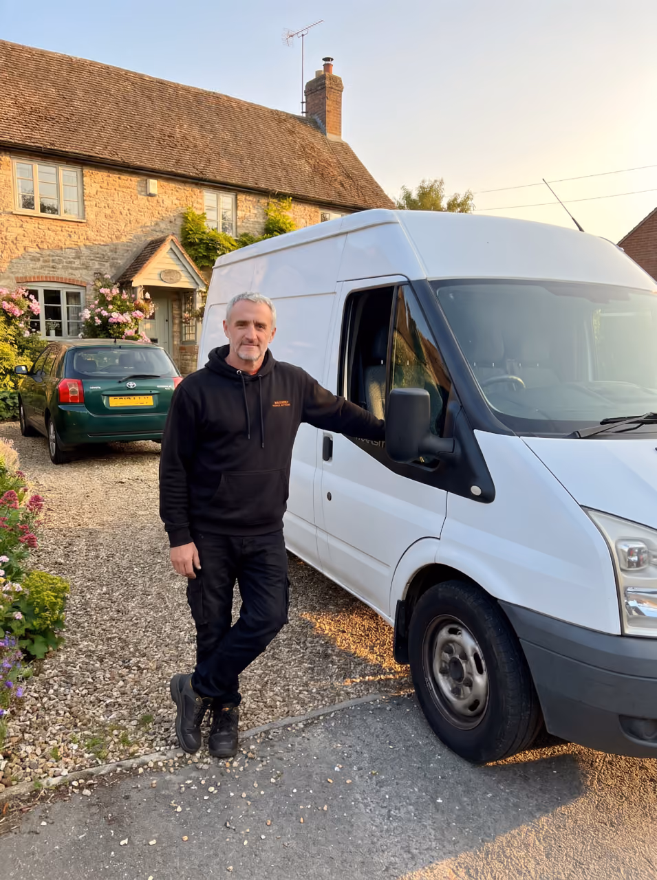 Graeme from Maxamy Mobile Autocare beside his van on a home visit outside a village cottage near Cookham