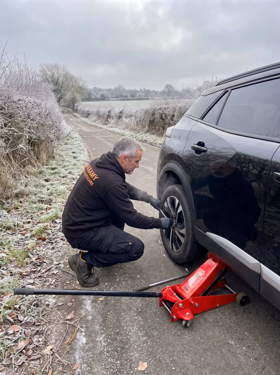 Maxamy mobile mechanic changing a wheel at the roadside on a frosty country lane in Berkshire