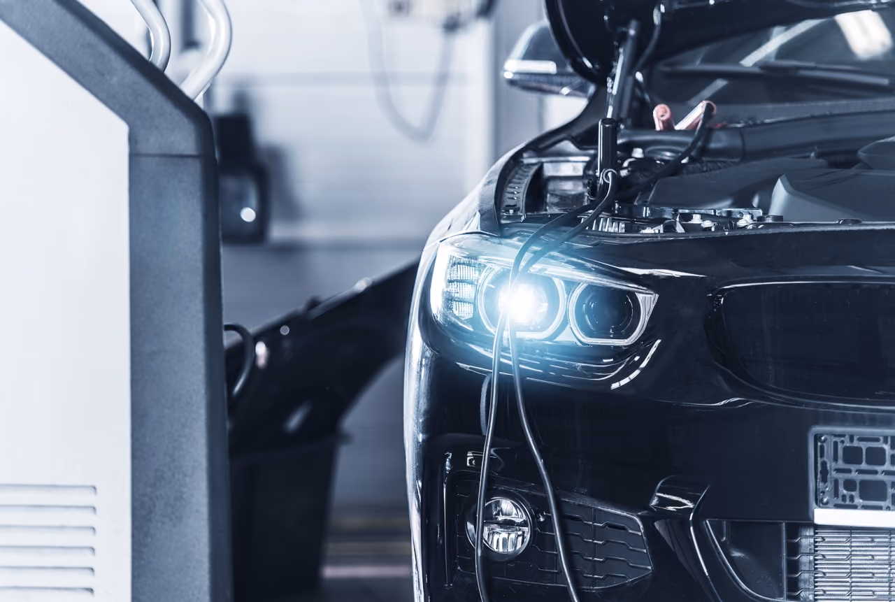 Car connected to diagnostic equipment for auto electrical fault finding
