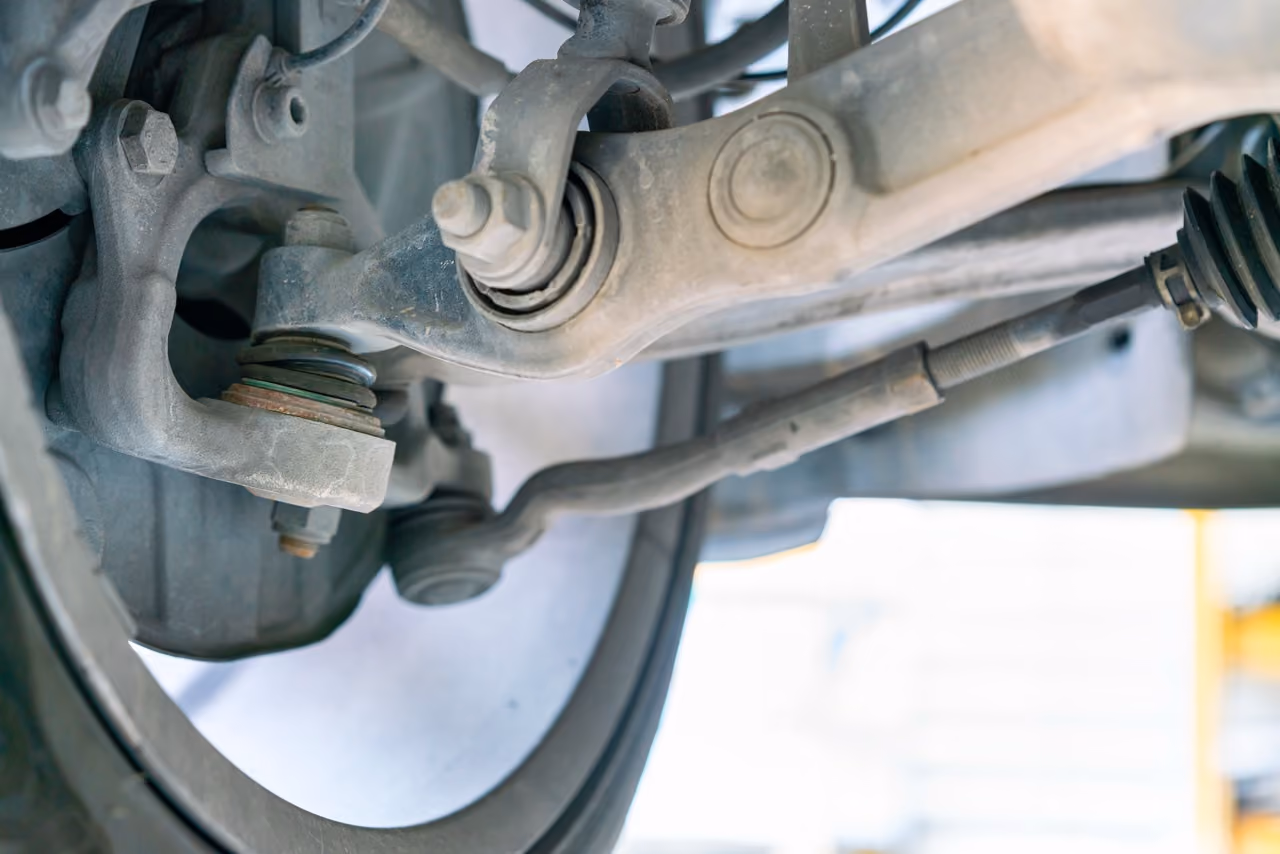 Steering and suspension components underneath a car