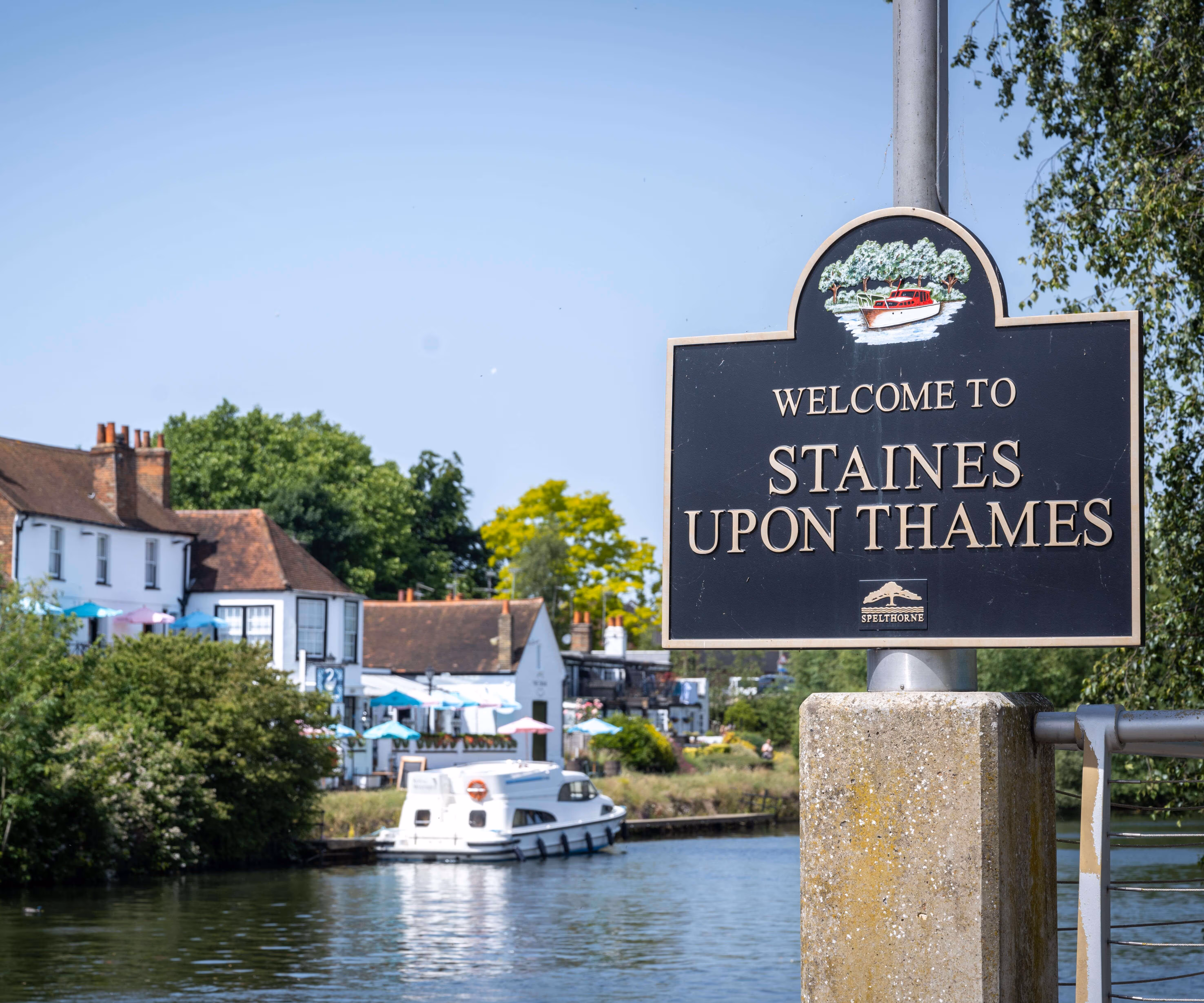 Welcome to Staines upon Thames sign by the river, an area covered by Maxamy's mobile mechanics