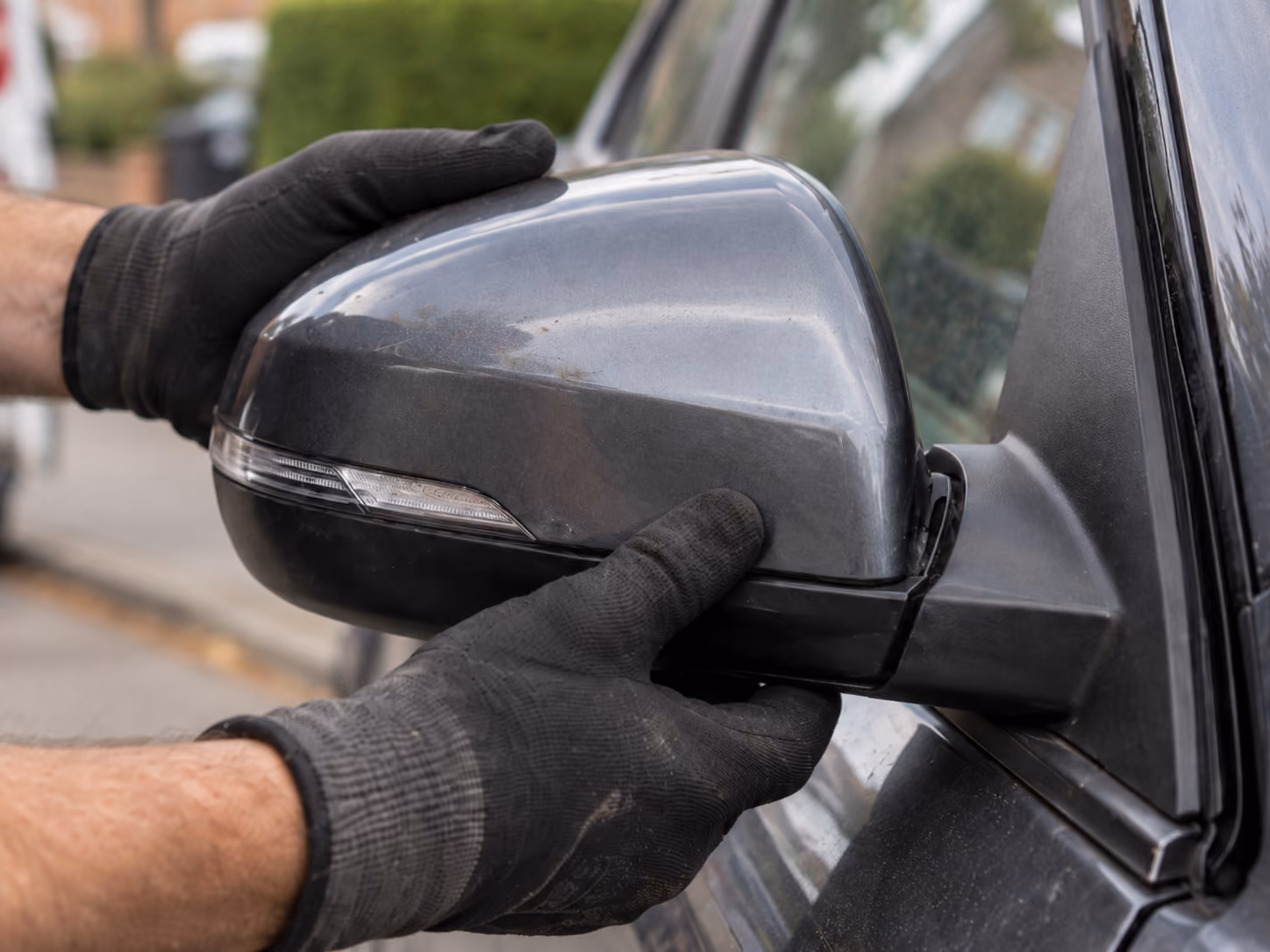 Mechanic fitting a replacement wing mirror during a mobile bodywork repair