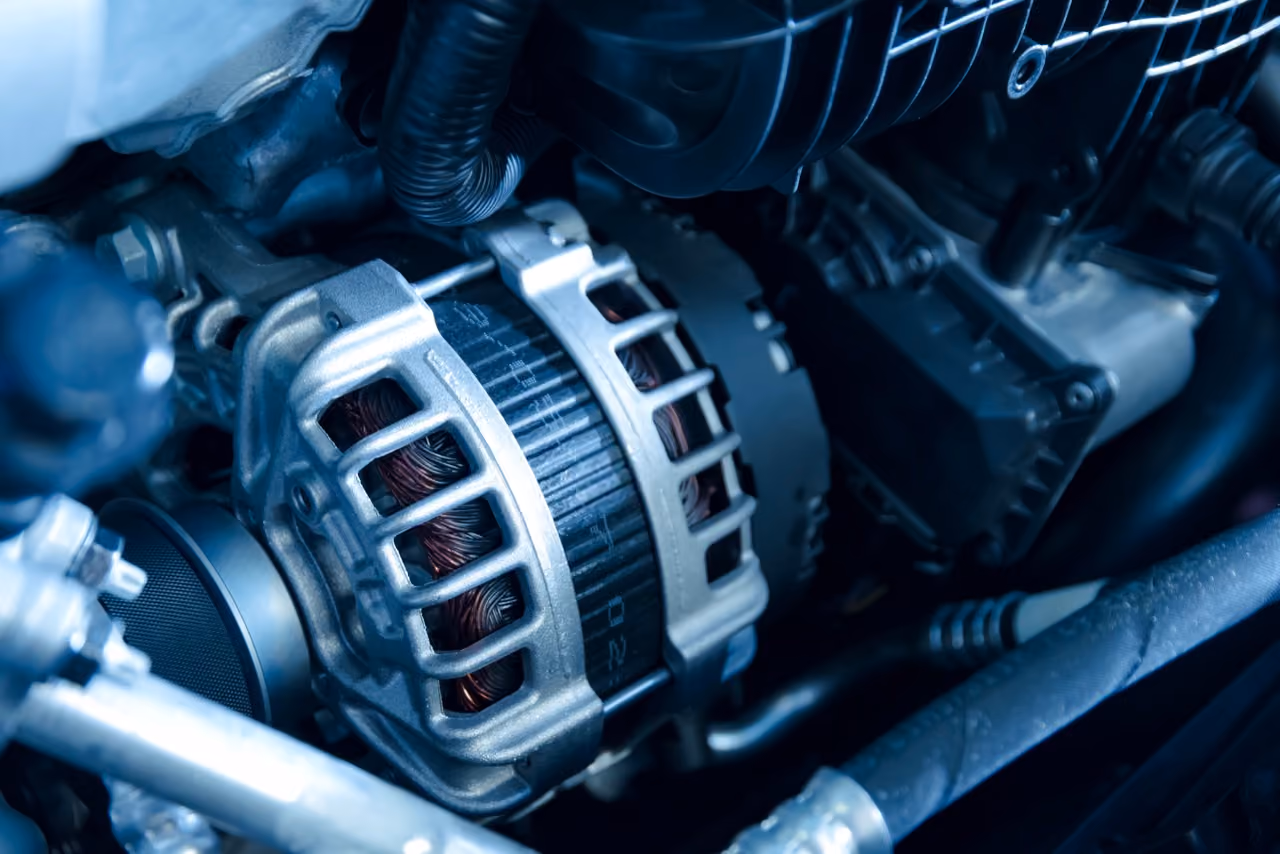 Close-up of a car alternator in the engine bay during an auto electrical repair