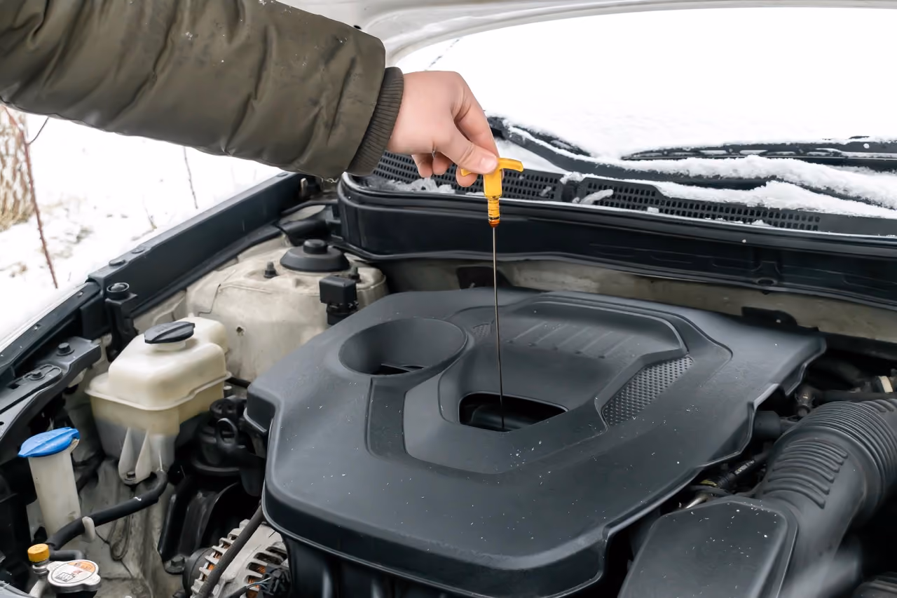 Checking the engine oil level with the dipstick during a major car service