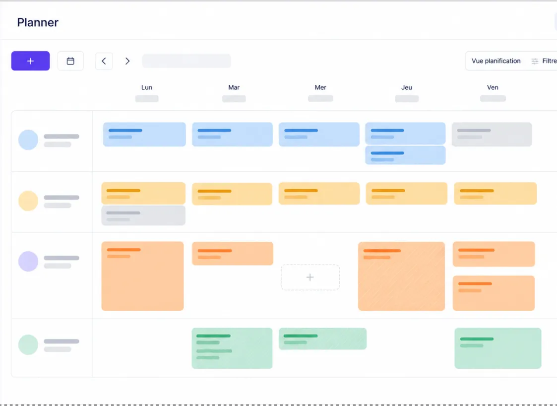 Calendrier hebdomadaire avec des tâches codées par couleur réparties du lundi au vendredi pour plusieurs utilisateurs.