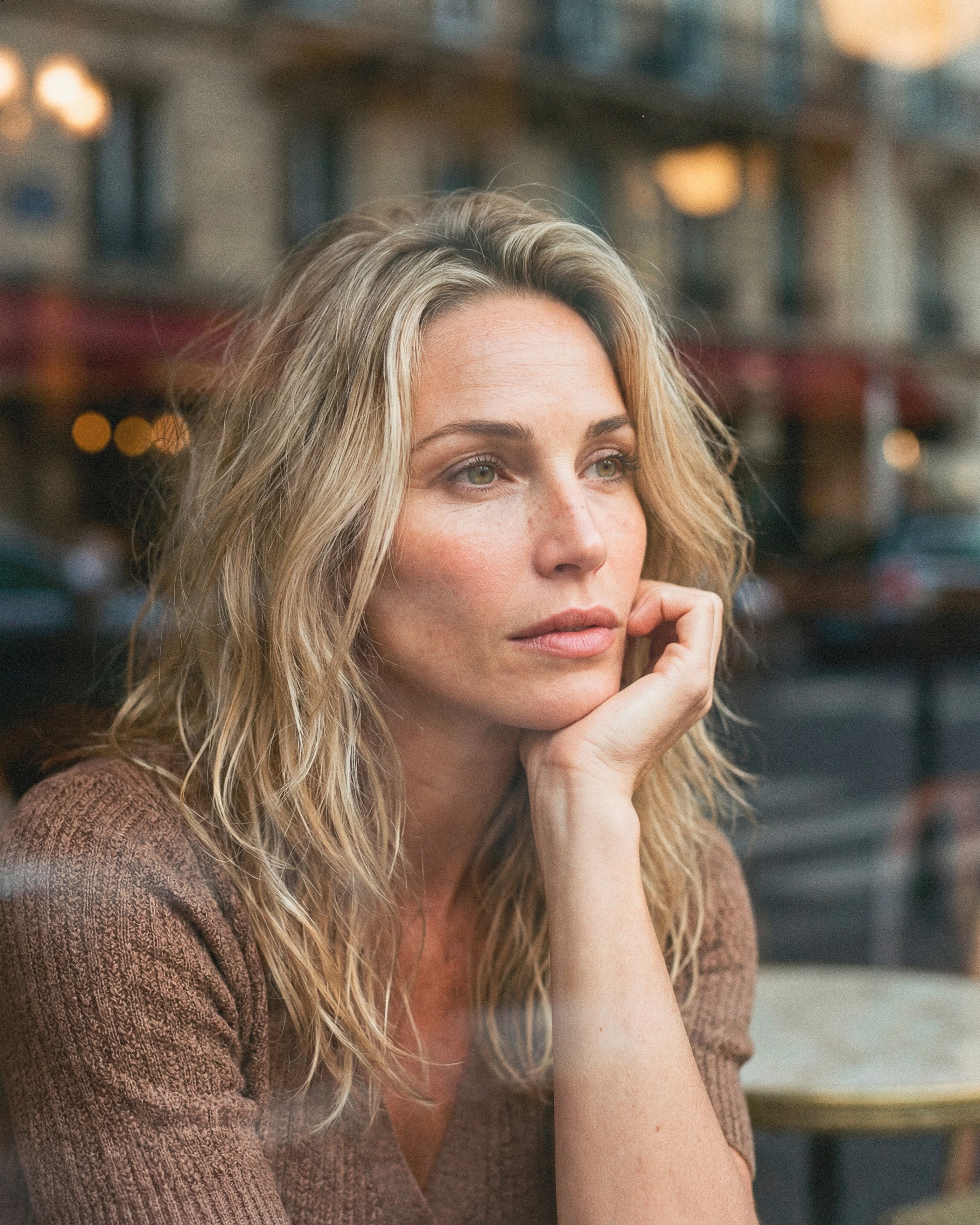 A blonde woman with her chin on her hand looking out from a shop window
