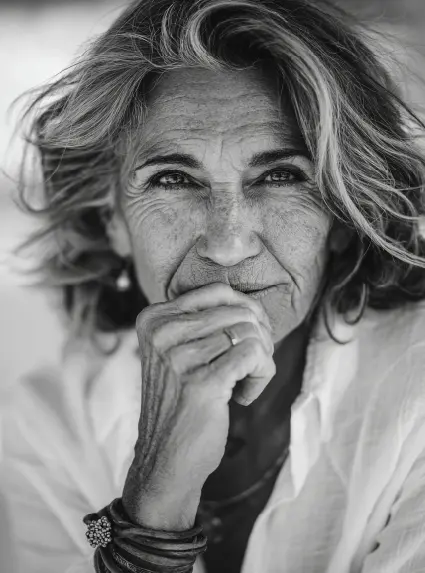 A old woman with gray and dark hair looking at the camera with her hand on her lips
