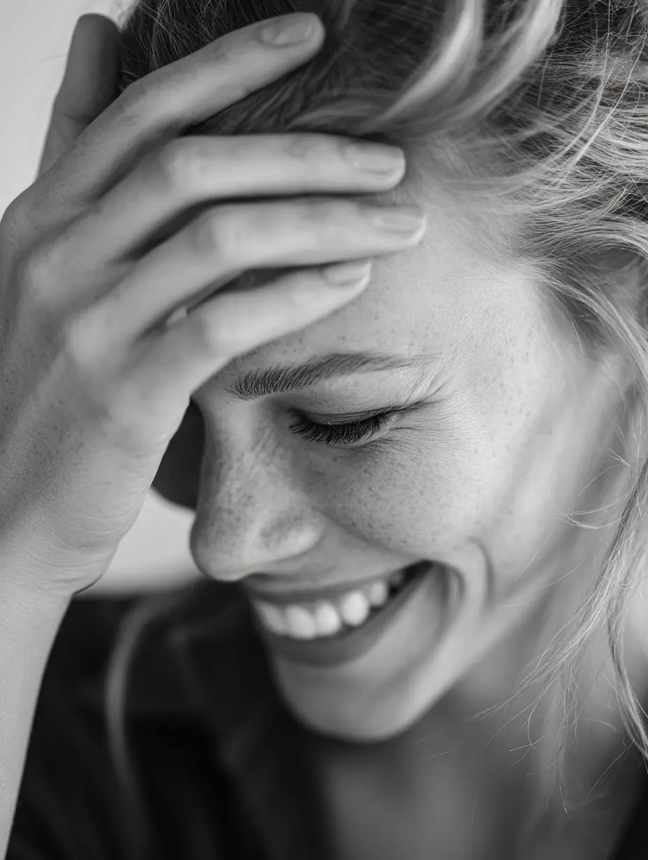A woman smiling with open mouth and a hand on her forehead