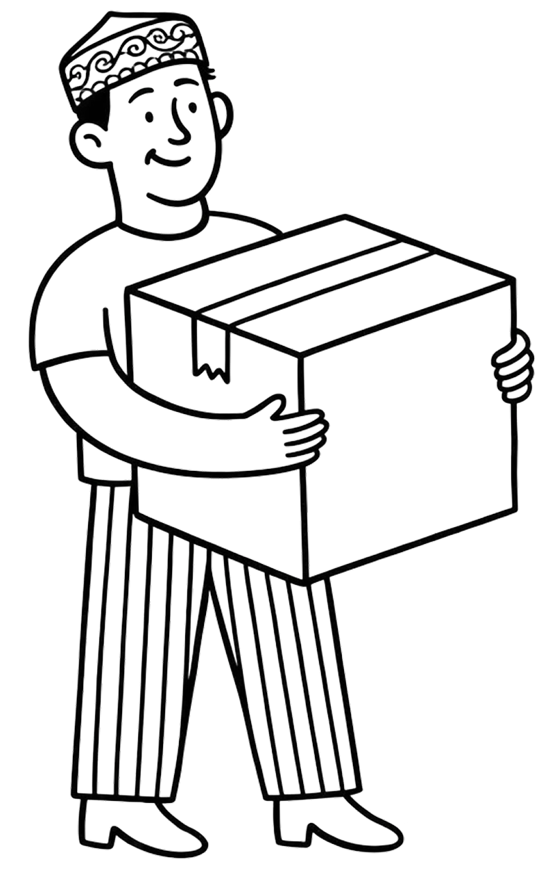 Illustration of a smiling man wearing a patterned cap and striped pants holding a large box.