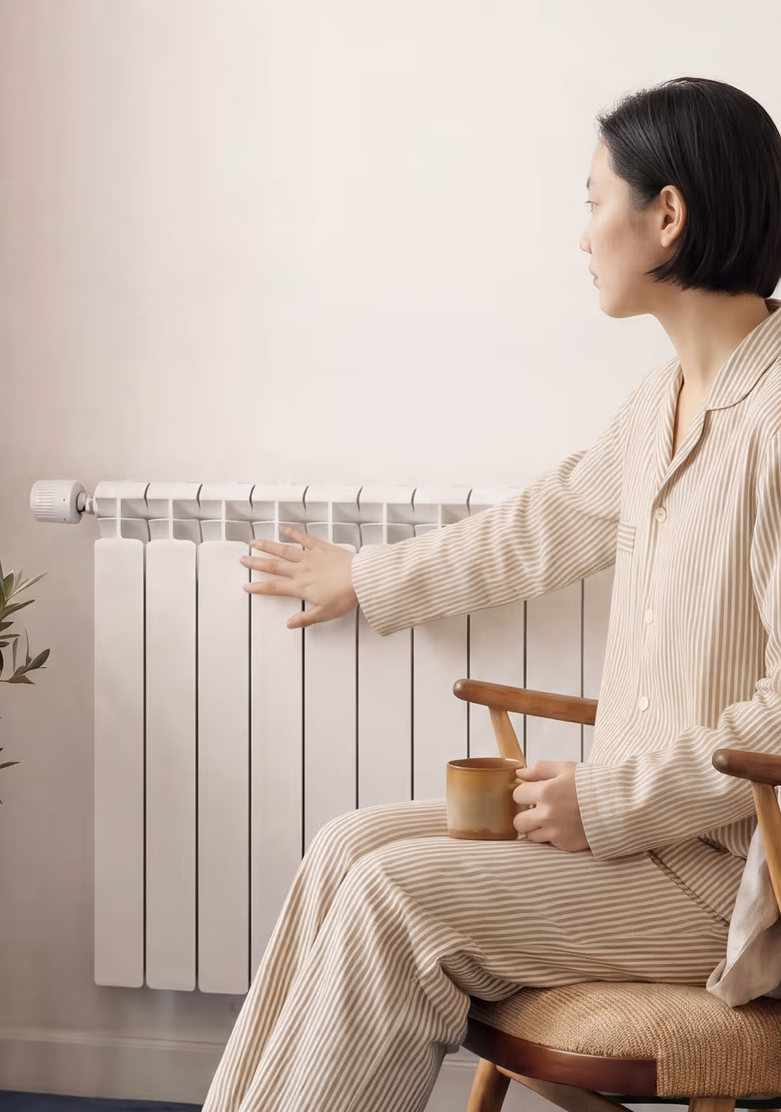 Person in striped pajamas sitting in chair, holding mug, touching white radiator on wall.