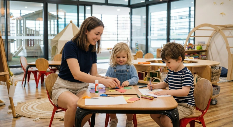 Adult and two children doing crafts together at a table in a bright, modern Early Learning Centre.