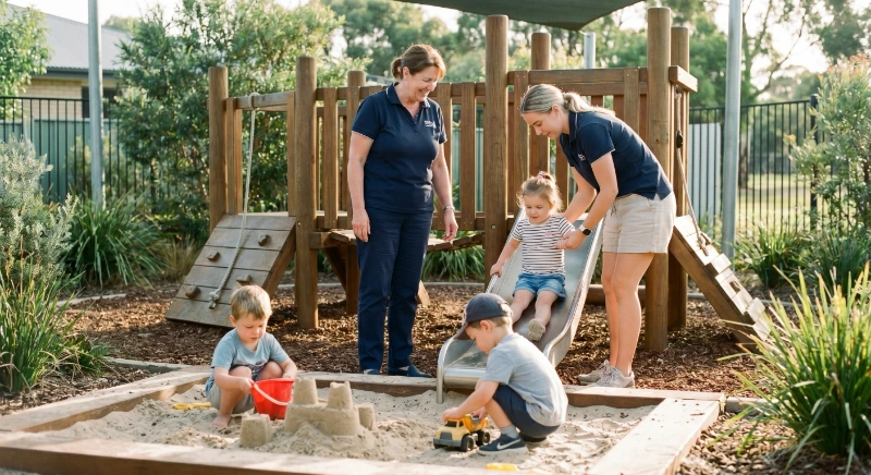 Two women watch as children play in a sandbox and slide on playground equipment outdoors at an Early Childhood Education Centre.