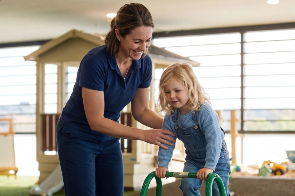 Woman supporting a young girl climbing on green playground equipment indoors.