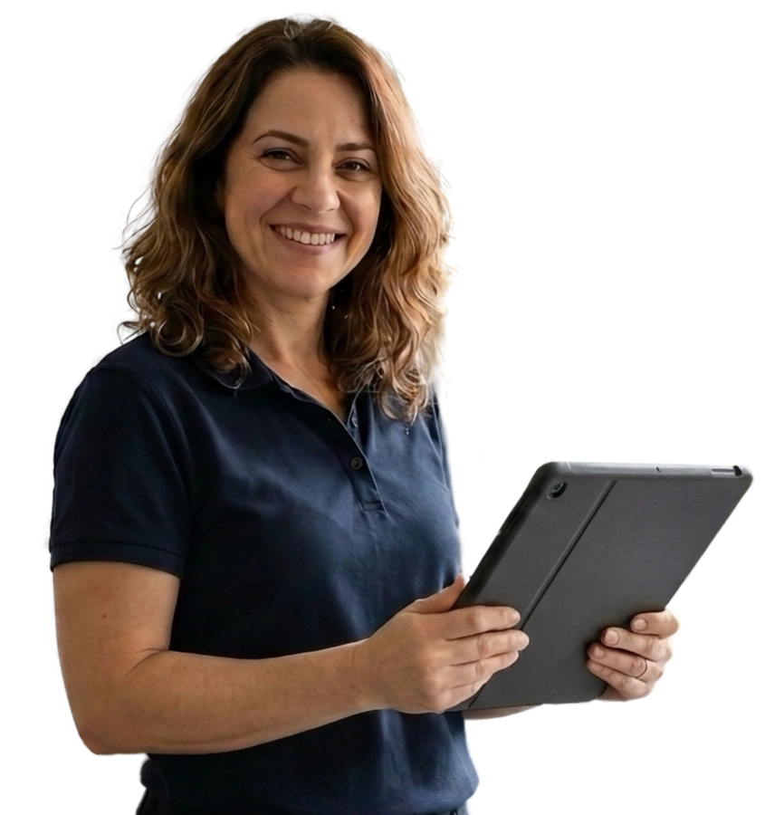 Smiling female educator with curly hair holding a tablet wearing a dark blue polo shirt submitting evidence for their QIP.