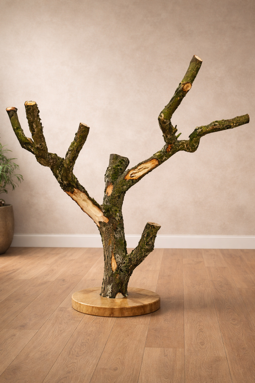 Ein abgeschnittener Baumstamm auf einem runden Holzsockel vor einer beigen Wand.
