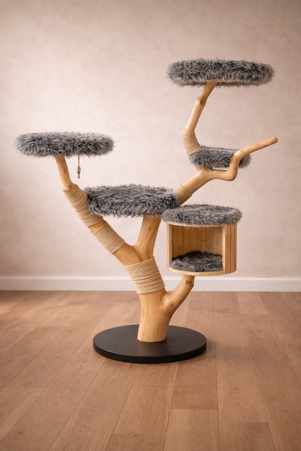 Moderner Kratzbaum aus Holz mit mehreren Plattformen und grauen Fellpolstern.