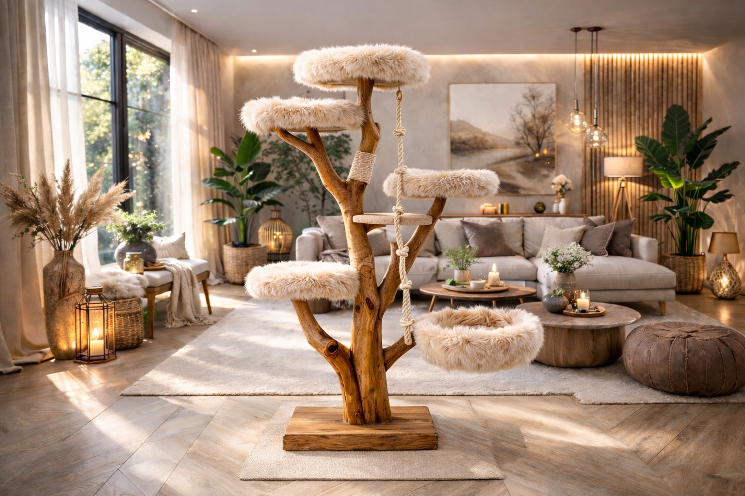 Moderne Wohnzimmer mit luxuriösem Kratzbaum aus Holz und Plüsch, Pflanzen und gemütlicher Einrichtung.