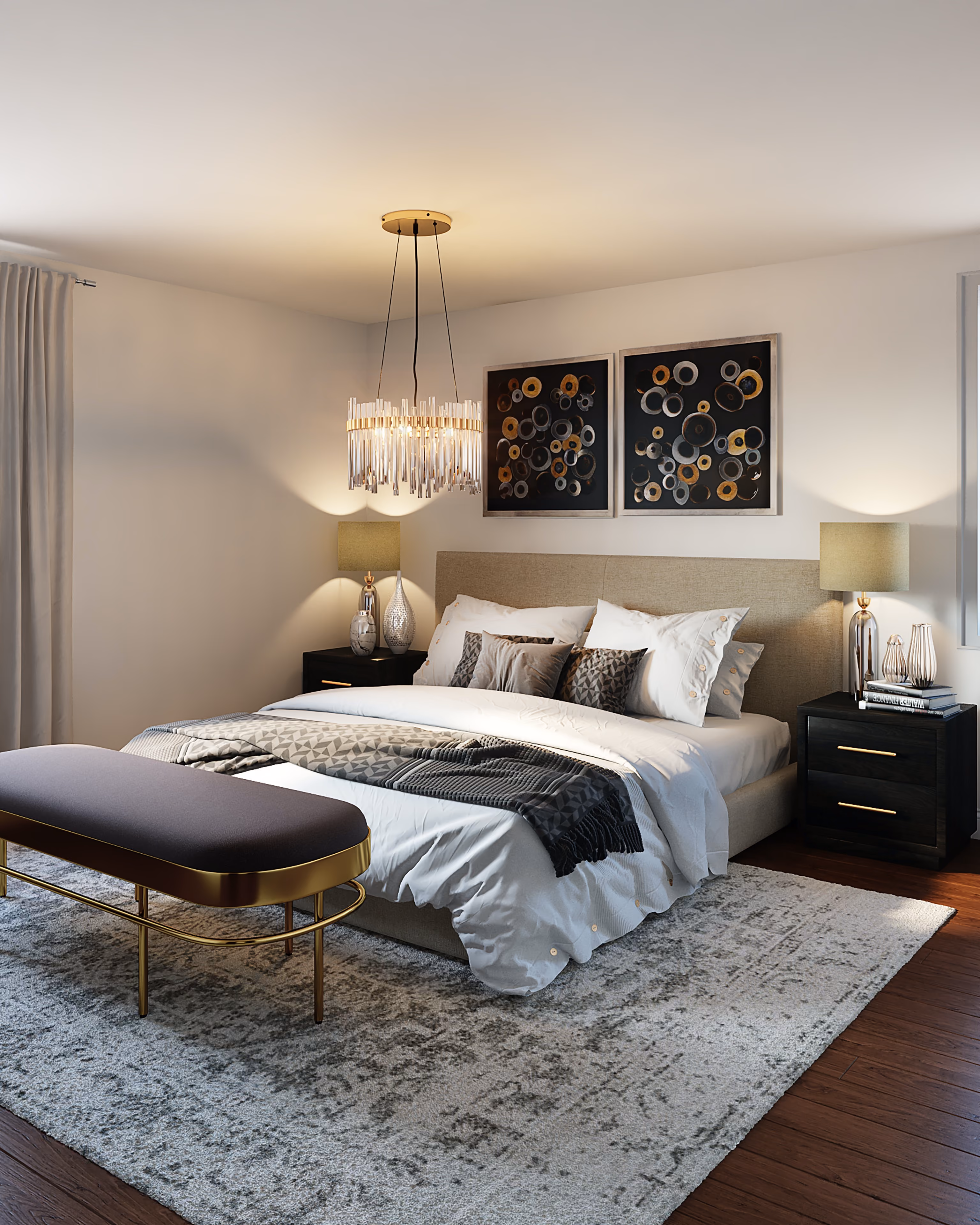 Cosy bedroom with table lamps and layered bedding