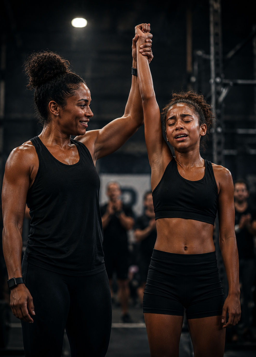Mother raising her daughter's arm in victory at HER Power competition