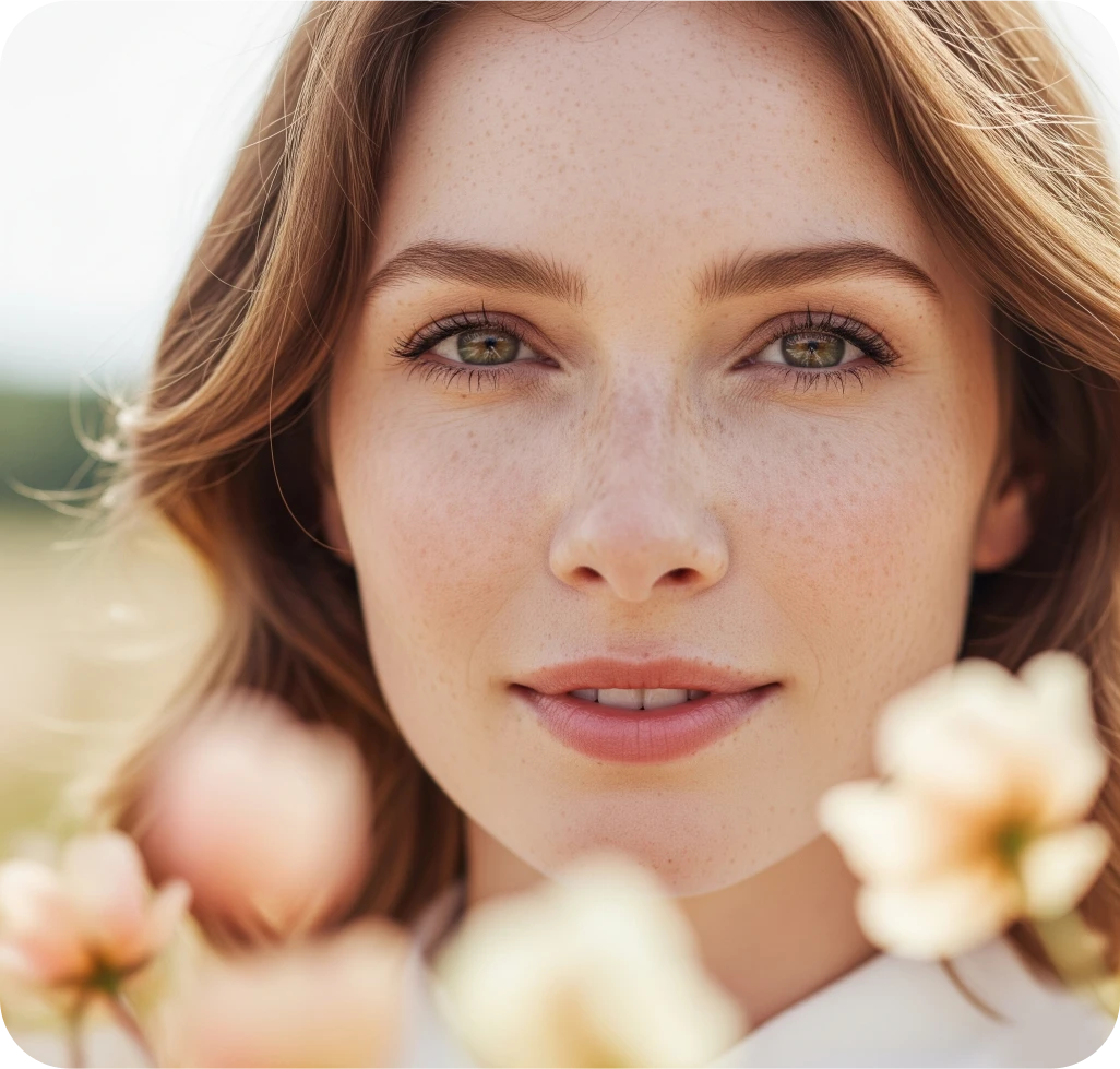 A close up of a person with flowers in front of her.